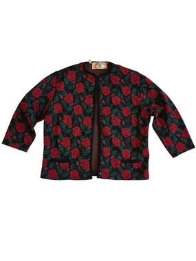Vintage Odette de Paris Rose Print Pure‎ Wool Knit Cardigan Jacket 17/18